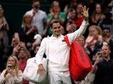 Roger Federer celebrates at Wimbledon on June 29, 2021