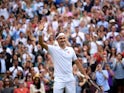 Roger Federer celebrates beating Cameron Norrie at Wimbledon on July 3, 2021