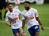 Fortaleza's Romarinho celebrates scoring their second goal with teammates on January 18, 2021