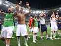 Switzerland players celebrate beating France on penalties at Euro 2020 on June 28, 2021