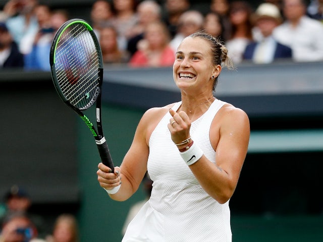 Aryna Sabalenka celebrates at Wimbledon on July 6, 2021