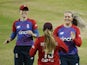 England's Sophie Ecclestone celebrate the wicket of India's Harmanpreet Kaur on July 9, 2021