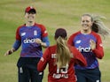England's Sophie Ecclestone celebrate the wicket of India's Harmanpreet Kaur on July 9, 2021