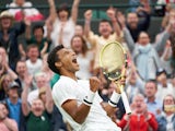 Felix Auger-Aliassime celebrates at Wimbledon on July 5, 2021