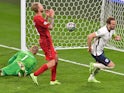 England's Harry Kane scores against Denmark at Euro 2020 on July 7, 2021