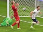England's Harry Kane scores against Denmark at Euro 2020 on July 7, 2021