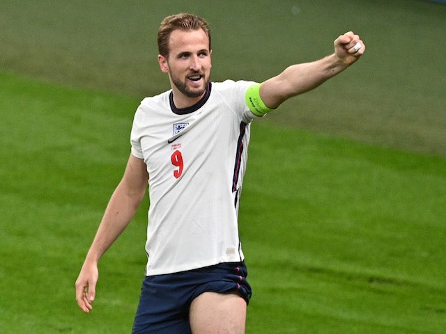 Harry Kane celebrates scoring the winner for England on July 7, 2021