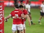 British and Irish Lions' Tom Curry celebrates scoring their tenth try against the Sharks on July 10, 2021