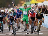 Mark Cavendish celebrates at the Tour de France on July 6, 2021