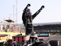 Lewis Hamilton celebrates finishing first in qualifying for the Silverstone Sprint race on July 16, 2021