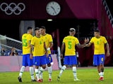 Brazil celebrates after beating Germany in Group D play during the Tokyo 2020 Olympic Summer Games at Nissan Stadium on July 22, 2021