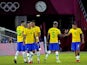 Brazil celebrates after beating Germany in Group D play during the Tokyo 2020 Olympic Summer Games at Nissan Stadium on July 22, 2021