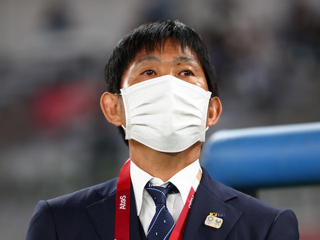 Japan coach Hajime Moriyasu before the match on July 22, 2021