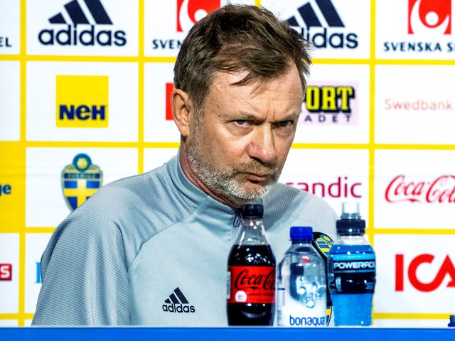 Sweden's head coach Peter Gerhardsson during the press conference in April 2021
