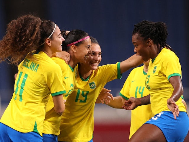 Andressa Alves of Brazil celebrates after scoring their first goal with teammates on July 27, 2021