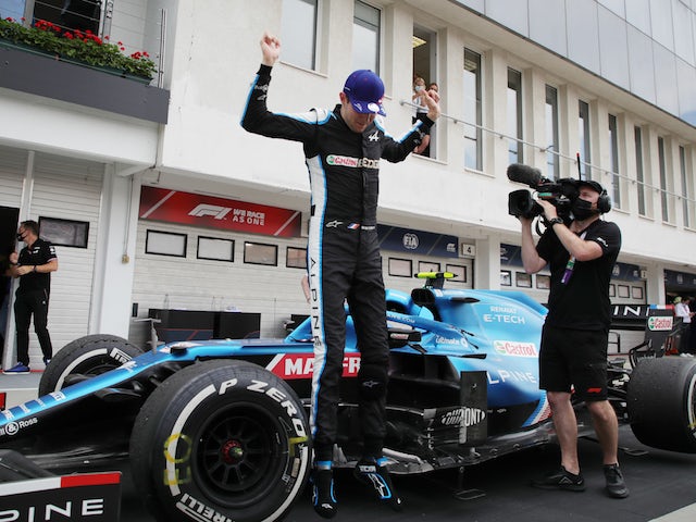 Esteban Ocon celebrates winning the Hungarian Grand Prix on August 1, 2021