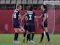 Caroline Weir of Britain celebrates after scoring their first goal with teammates against Canada at the Tokyo 2020 Olympics on July 27, 2021