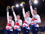 Great Britain's Women's gymnastics team celebrate winning bronze at the Tokyo 2020 Olympics on July 27, 2021