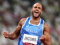 Marcell Jacobs celebrates winning the men's 100m on August 1, 2021
