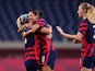 United States forward Christen Press (11) celebrates her goal against New Zealand with midfielder Julie Ertz (8) during the second half in group G play during the Tokyo 2020 Olympic Summer Games at Saitama Stadium on July 24, 2021