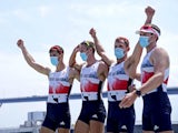 Team GB's men's quad team celebrate silver on July 28, 2021