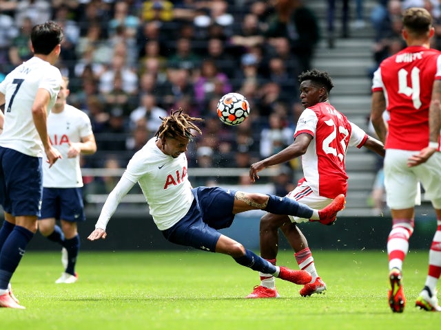 Arsenal's Albert Sambi Lokonga in action with Tottenham Hotspur's Dele Alli on August 8, 2021