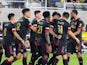 Atlanta United midfielder Marcelino Moreno (10) celebrates with teammates after scoring a goal against the Columbus Crew in the second half at Lower.com Stadium on August 7, 2021