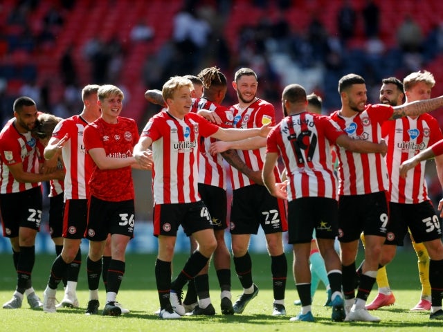 Brentford players celebrate after winning the Championship Play-Off Final pictured May 29, 2021