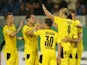 Borussia Dortmund's Erling Haaland celebrates scoring their third goal with teammates on August 7, 2021