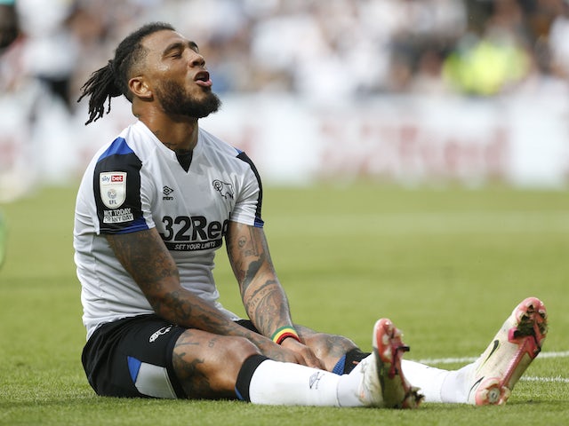 Derby County's Colin Kazim-Richards reacts as he misses a chance to score on August 7, 2021