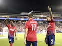 FC Dallas forward Jesus Ferreira (9) celebrates with teammates and fans after scoring a goal during the second half against Austin FC at Toyota Stadium on August 7, 2021