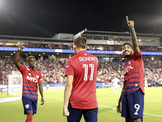 FC Dallas forward Jesus Ferreira (9) celebrates with teammates and fans after scoring a goal during the second half against Austin FC at Toyota Stadium on August 7, 2021