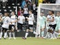 Derby County's Curtis Davies celebrates scoring their first goal with teammates on August 7, 2021