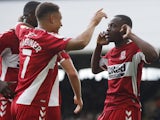 Middlesbrough's Marc Bola celebrates scoring against Fulham in the Championship on August 8, 2021