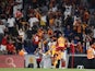Galatasaray's Sacha Boey celebrates scoring their first goal with their fans on August 5, 2021