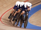 Team Great Britain in action during the men's team pursuit at the Tokyo Olympics