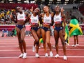 Great Britain celebrate winning bronze in the women's relay at the Tokyo 2020 Olympics on July 6, 2021