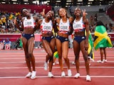 Great Britain celebrate winning bronze in the women's relay at the Tokyo 2020 Olympics on July 6, 2021