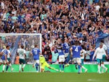 Leicester City's Kelechi Iheanacho scores their first goal from the penalty spot on August 7, 2021