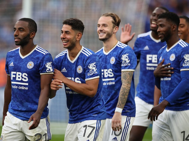 Leicester City's James Maddison celebrates with teammates after winning the FA Community Shield on August 7, 2021