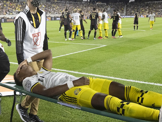 Columbus Crew midfielder Luis Diaz (12) is stretchered off the field after being fouled by Atlanta United in the second half at Lower.com Field on August 7, 2021