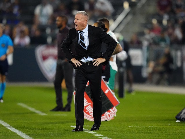 Sporting Kansas City head coach Peter Vermes reacts on the sidelines in the second half against the Colorado Rapids at Dick's Sporting Goods Park on August 8, 2021
