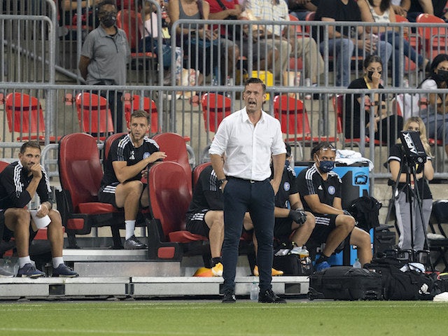 New York City head coach Ronny Deila shouts to his team during the first half against Toronto FC at BMO Field on August 8, 2021