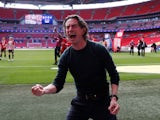 Brentford manager Thomas Frank celebrates after winning Championship Play-Off Final pictured May 29, 2021