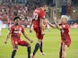 Toronto FC midfielder Alejandro Pozuelo (10) celebrates with midfielder Yeferson Soteldo (30) after scoring a goal against New York City FC during the second half at BMO Field on August 7, 2021