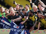 Watford players celebrate promotion to the Premier League pictured on April 24, 2021