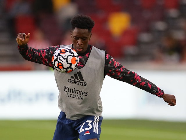Arsenal's Albert Lokonga during the warm up before the match on August 13, 2021