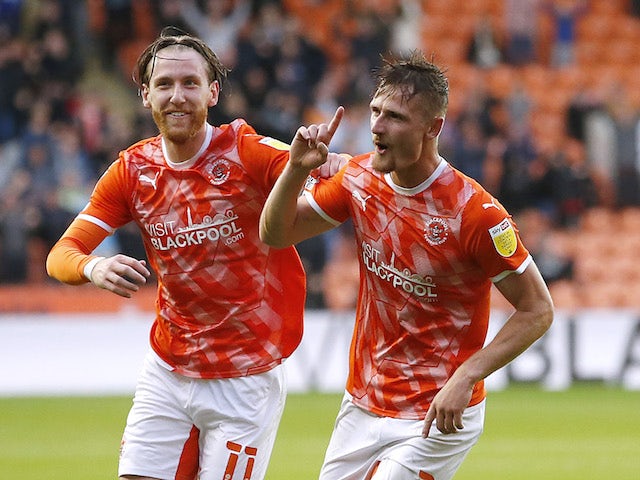 Blackpool's Callum Connolly celebrates scoring against Middlesbrough in the EFL Cup on August 11, 2021