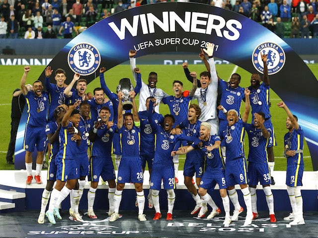 Chelsea players celebrate winning the UEFA Super Cup on August 11, 2021