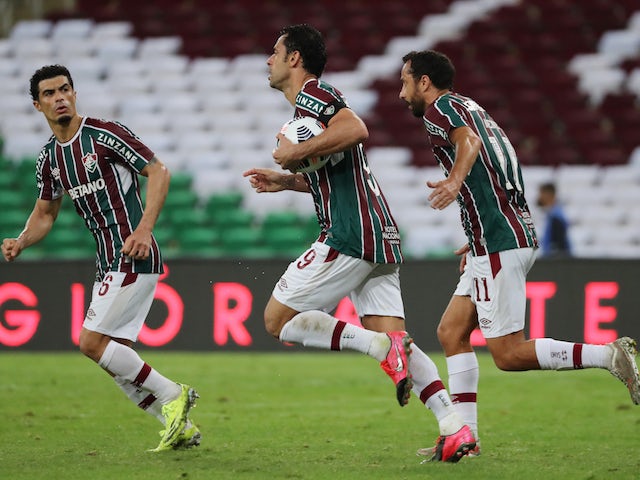 Fluminense's Fred celebrates scoring their second goal with teammates on August 13, 2021